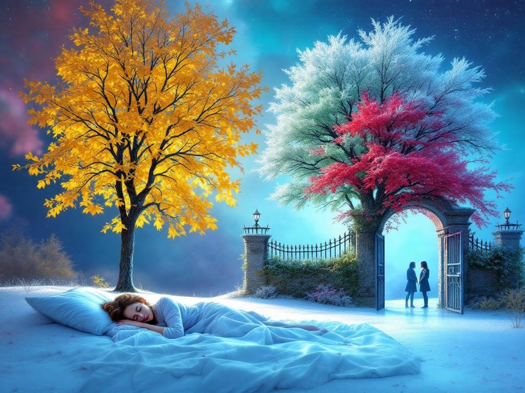    К чему такое снится: На картине изображены два высоких дерева с ярко-жёлтой и красной листвой, стоящие рядом. Справа видна открытая калитка и женщина, стоящая возле неё. На дереве с крас