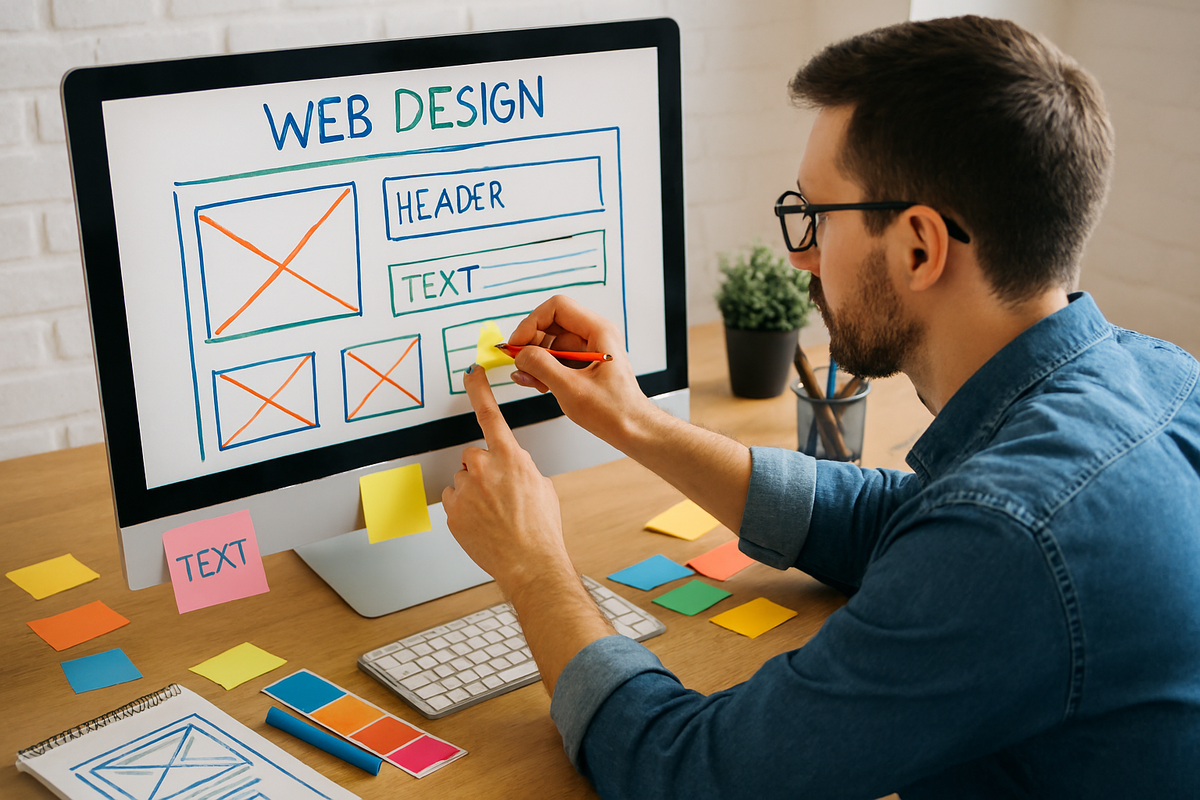 Дизайнер прикидывает расположение блоков информации на сайте. Источник: ИИ Microsoft Copilot