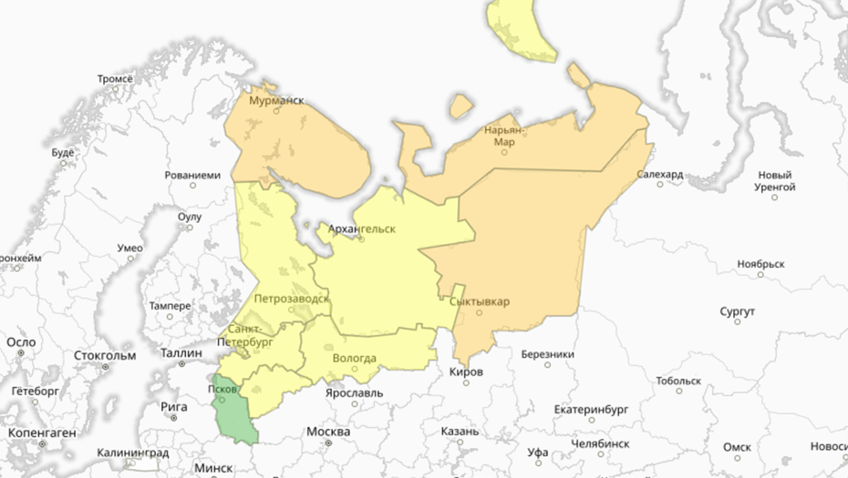    Прогностическая карта предупреждений для СЗФО Автор фото: meteoinfo.ru