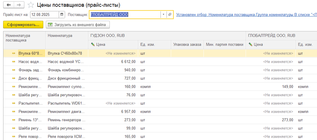 Загрузка цен поставщиков