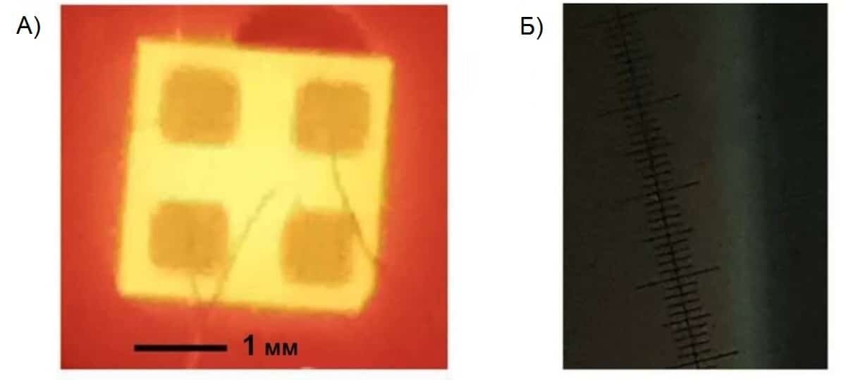    Рисунок 2. Электролюминесценция алмазного p-i-n-диода до облучения электронами и отжига. А) Вид сверху. T = 680 °C, U = 10 В, I = 20 мА. Б) Вид сбоку: n-слой (слева, желтый), p-слой (справа, сине-фиолетовый). Цена деления шкалы — 1,5 мкм. T = 450°C, U = 10 В, I = 10 мкА / © Буга С. Г. и др., «Журнал технической физики»