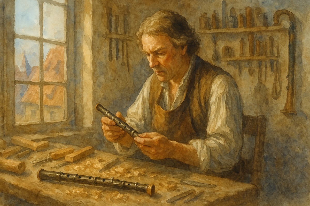 Иоганн Деннер трудится над созданием кларнета, около 1690 года.