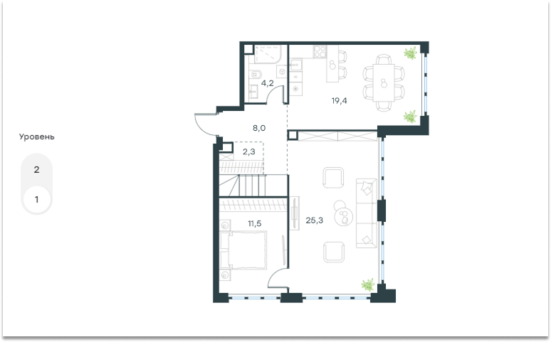 В двухуровневых квартирах можно сделать необычное зонирование и создать интересный дизайн интерьера, поэтому такие лоты выделяются среди других планировок