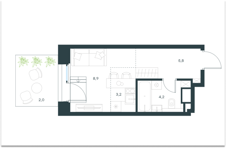 Есть варианты с террасой даже в небольшой студии 24,1 м² — это повышает цену на квартиру за счёт дополнительного пространства на свежем воздухе