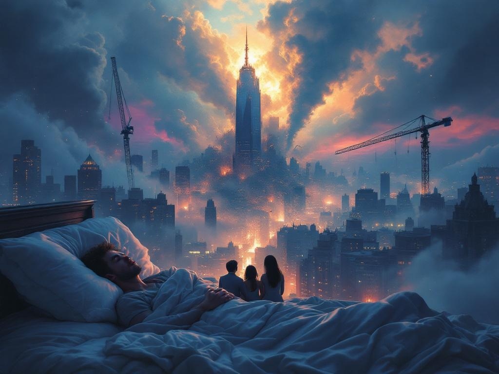    К чему такое снится: На картине изображён город в момент стихийного бедствия. Тёмное небо нависает над городом. В центре, небоскрёб начинает рушиться в то время как рядом падает башенный