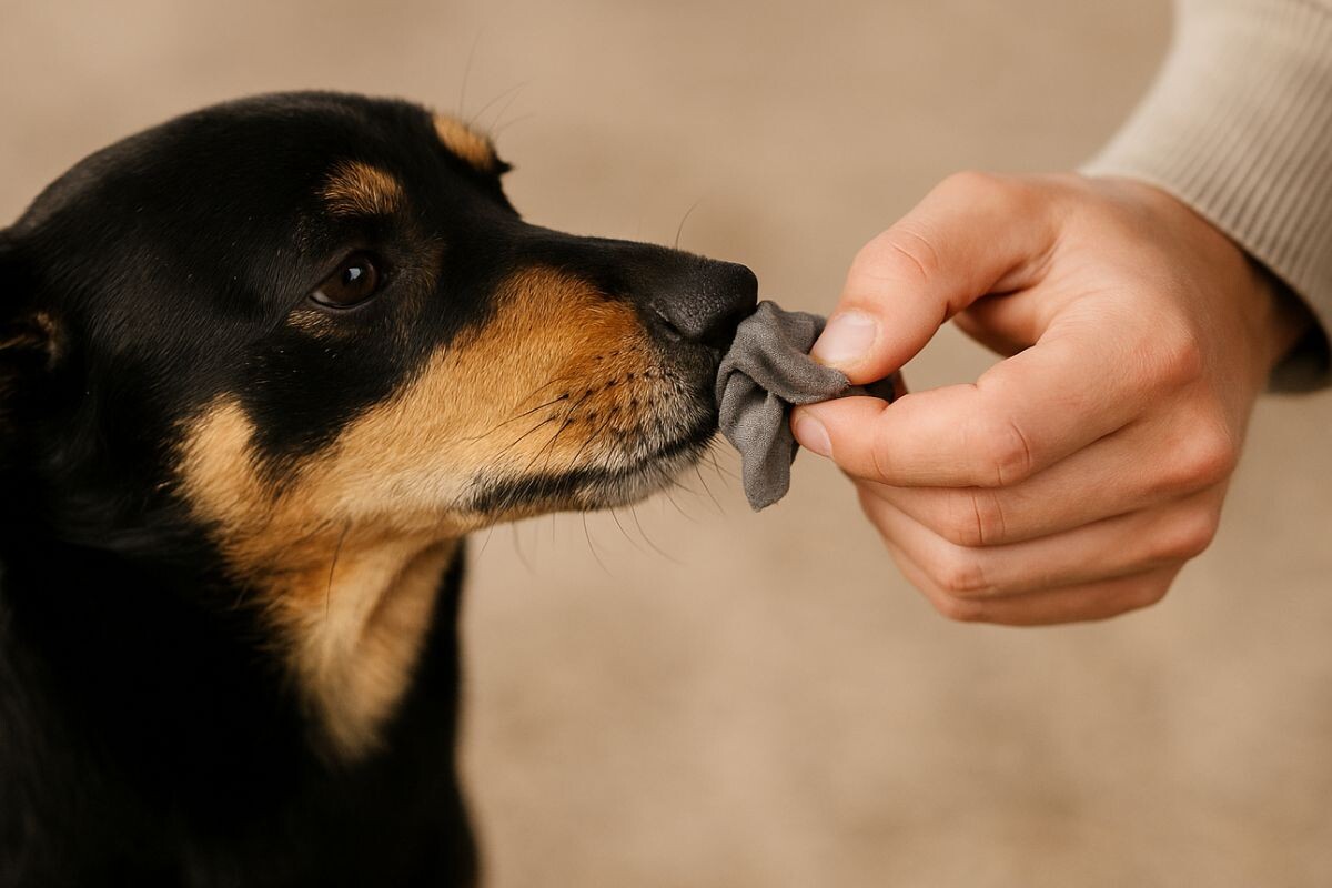 Собака нюхает кусочек ткани 