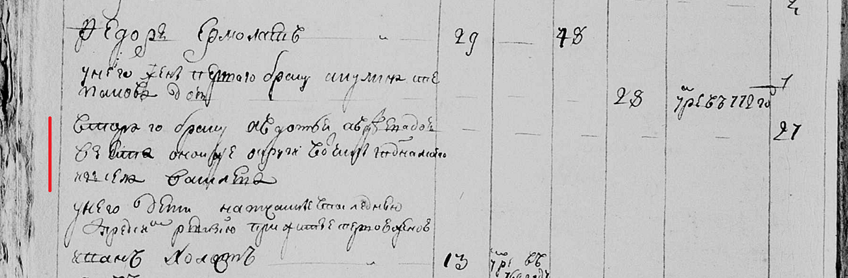 Авдотья Авдеева в ревизии 1782 г. по с. Елфимово: ЦАНО ф.60 оп.239А д.54 л.443об.