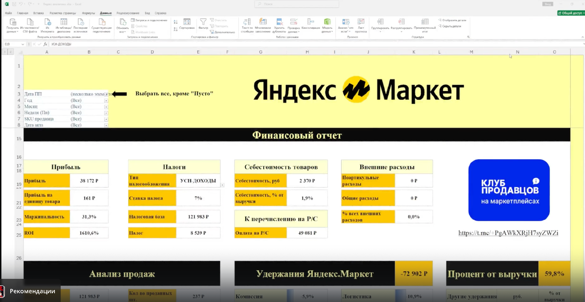 Аналитика Яндекс.Маркет (Умная Excel таблица)
