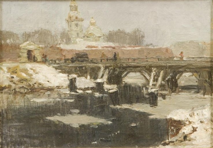 Н.Г.Ломакин. Пейзаж с мостом через реку. Учебная работа. I курс. 1947—1948. НИМ РАХ.