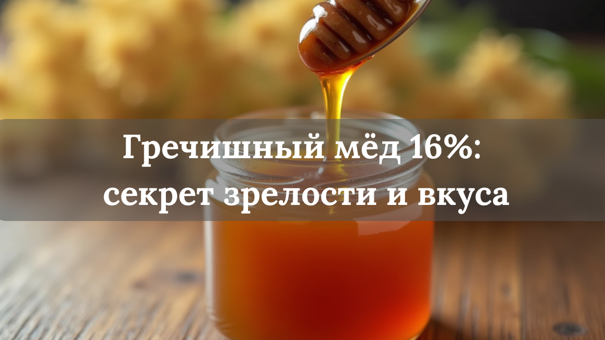 Тёмно-янтарный гречишный мёд в стекле; при наливе видна ровная «нить»
