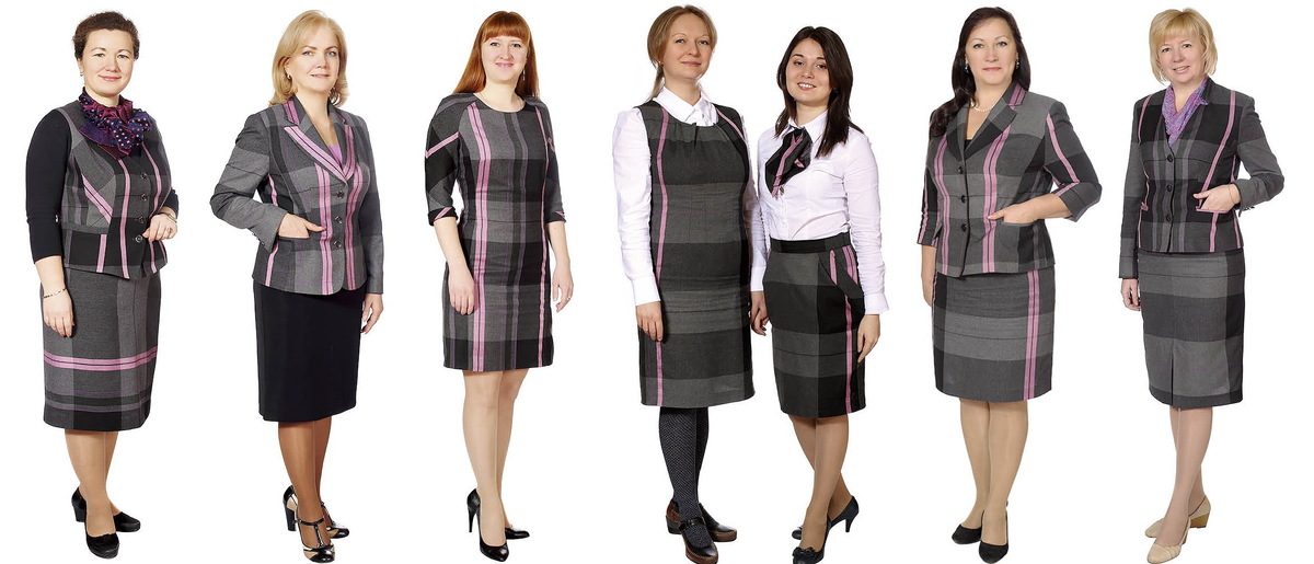 Образцы формы для учителей города Ижевска. Розовые полосочки мне тоже как-то не очень. Фото с ресурса https://shkolnaya-forma18.ru/novosti/uchitelya-reshili-nosit-formu 