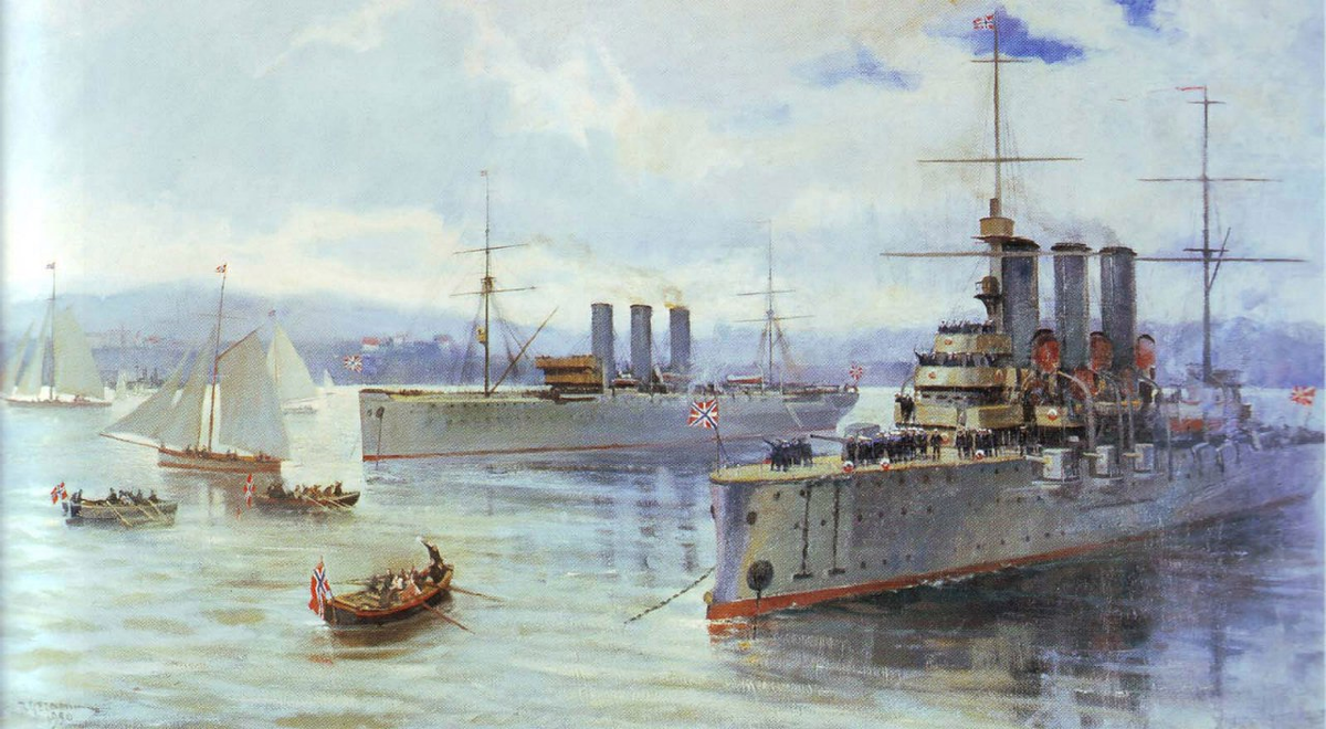 1930, 13 августа: Завершился поход крейсера «Аврора» и учебного корабля «Комсомолец» по маршруту Кронштадт - Берген - Мурманск - Архангельск - Кристиансанн - Кронштадт. На картине Валентина Печатина крейсер "Аврора" и учебное судно "Комосомолец"