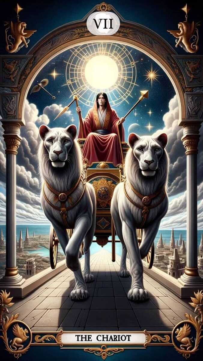 Аркан Колесница мы видим повозку, которую тянут два зверя – реальные или мифические. Это могут быть кони, сфинксы, иногда единороги или даже крылатые кони. Часто их изображают контрастных цветов, например, черного и белого. В большинстве случаев они как будто тянут в разные стороны, но при этом везут одну и ту же колесницу. Это отражает борьбу внутри нас, например, между телом и духом, когда хочется разного, но цель остается одна. Звери здесь – это те самые непримиримые силы, которые нам удалось приручить и направить в нужное русло, чтобы они привели нас к победе.


Колесница призывает использовать все свои знания и умения, чтобы преодолеть любые препятствия на пути к цели. Нужно заглянуть внутрь себя и найти там силу. Когда ты примирил свои внутренние противоречия и научился ими управлять, ты сможешь победить и внешних врагов.

Как боевая колесница сметает вражеские войска, так и Колесница Таро символизирует победу над всеми, кто против тебя. Здесь нет непримиримых элементов, все можно привести к согласию и заставить работать вместе. Это могут быть силы, враждебные по своей природе: добро и зло, положительное и отрицательное, правда и ложь. Иногда они живут внутри тебя, и тебе нужно научиться их объединять. А иногда это люди или события, которые мешают тебе двигаться вперед.

Черпая силу из внутренних противоположностей, заставляя их работать сообща, ты сможешь распознать своих истинных врагов и использовать их слабости против них. В этом и есть победа Колесницы Таро. Все враги повержены, все цели достигнуты, ничто не мешает успеху. Но на уровне Колесницы велик соблазн остановиться. Кажется, что ты обрел гармонию с собой и преодолел все препятствия. И достигнутое кажется настолько важным, что может показаться конечной целью. Очень сложно убедить себя, что можно добиться еще большего.