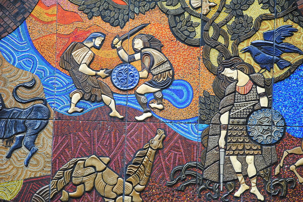 Десмонд Кинни "Битва Кухулина с Фер Диадом" (фрагмент мозаичного панно-мурала, 1974)