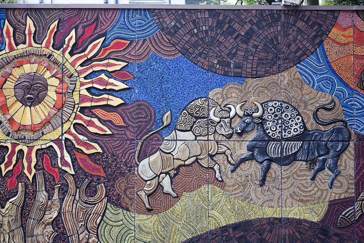 Десмонд Кинни "Битва Донна Куальнге с Финнбеннахом" (фрагмент мозаичного панно-мурала, 1974)