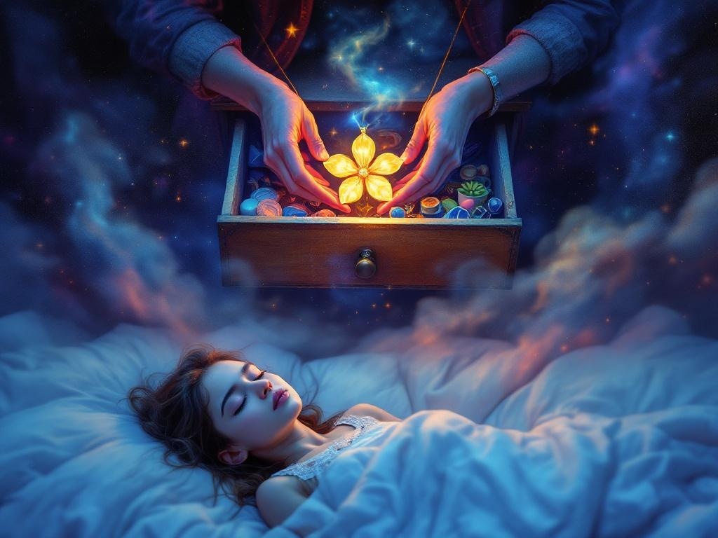    К чему такое снится: Художник рисует сцену, где человек роет в старом шкафу. Открыт ящик, из которого торчат разные предметы. В руках у человека золотой кулон в форме цветка с пятью лепе