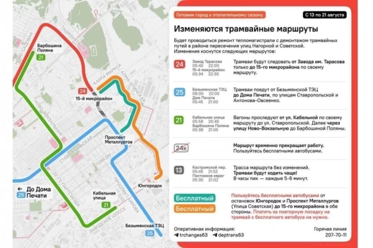    13-21 августа в Самаре трамваи не будут ходить по Ташкентской и Советской