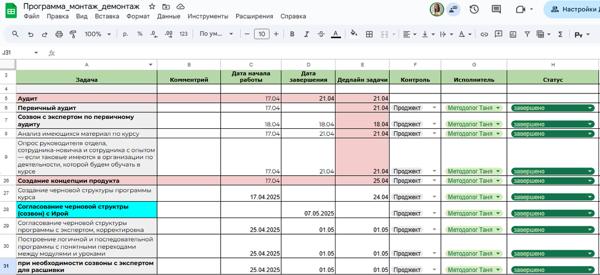 Оцифровка абсолютно всех задач методолога на проекте с дедлайнами и ответственными