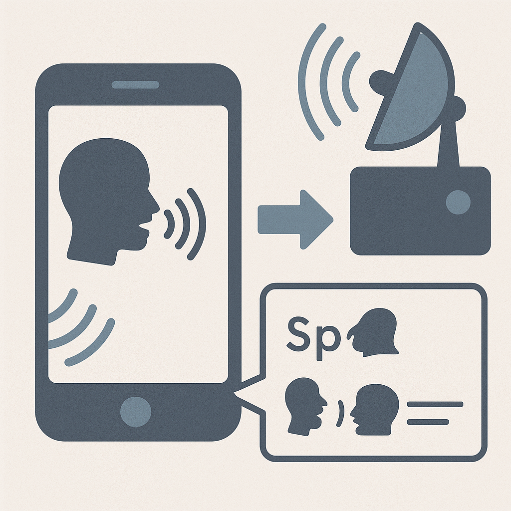 Иллюстрация показывает концепцию удалённого перехвата разговоров через вибрации смартфона: слева изображён телефон с исходящими волнами, справа — радар, фиксирующий эти колебания и преобразующий их в речь с помощью искусственного интеллекта.