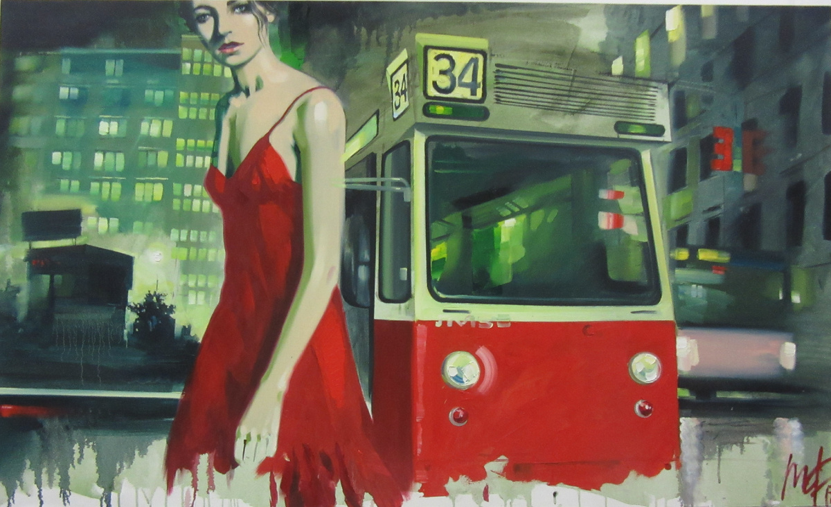 картина — трамвай «Аквариум». Так в народе называют легендарный вагон ЛМ-68 с его панорамными окнами. Работа была написана специально к 110-летию петербургского трамвая.