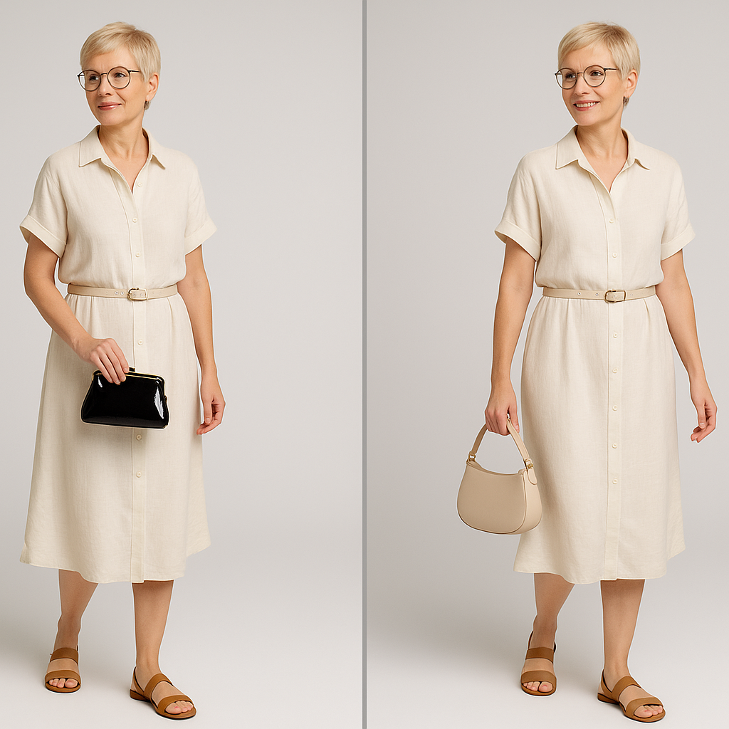 Базовый летний образ: льняное платье рубашечного кроя, плоские сандалии, тонкий ремешок на талии.