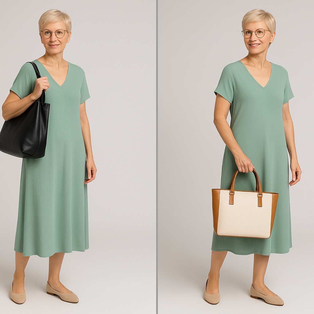 Базовый летний образ: струящееся миди-платье из вискозы, балетки или мюли.