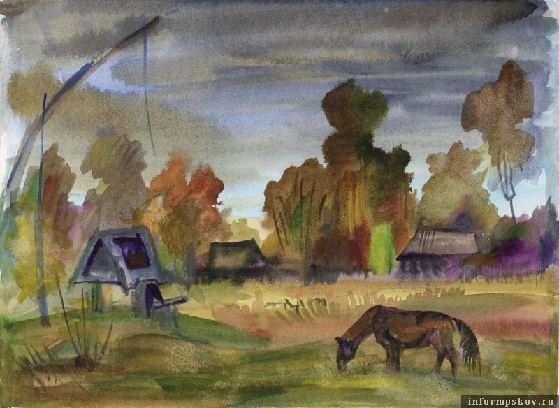 Музей «Пушкинская деревня» на картине Ольги Тихоновой «Деревенский пейзаж с лошадью» (2003) из фондов «Михайловского»