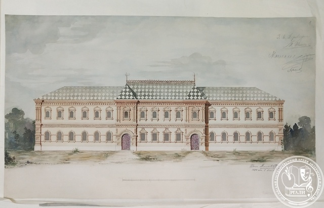 И.П. Машков. Эскиз проекта здания гостиницы. 1884 г. Б. тушь, акв. РГАЛИ. Ф. 1981. Оп. 1.
