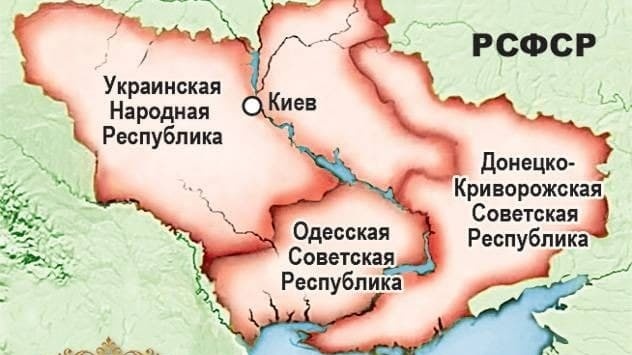 Украинская народная республика (УНР), Одесская советская республика (ОСР) и Донцко-Криворожская республика (ДКР) на карте.