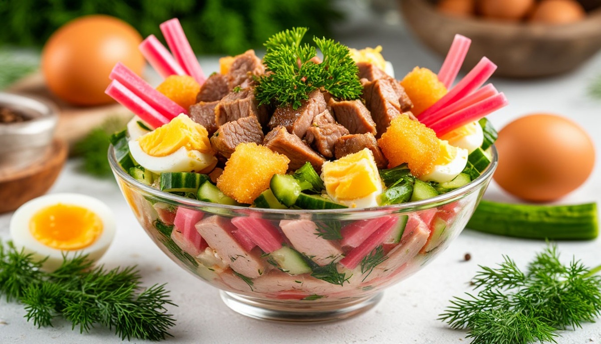 Салат из мяса и крабовых палочек