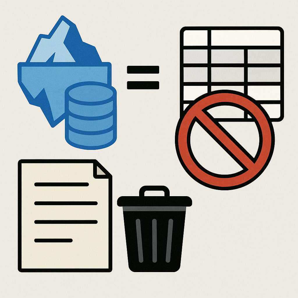 Иллюстрация передаёт концепцию равенств-удалений в Apache Iceberg: изображены таблица данных с выделенной для удаления строкой, иконка базы данных и документ с символом удаления, а также знак «равно» и перечёркнутая таблица, подчёркивающие специфику операции.