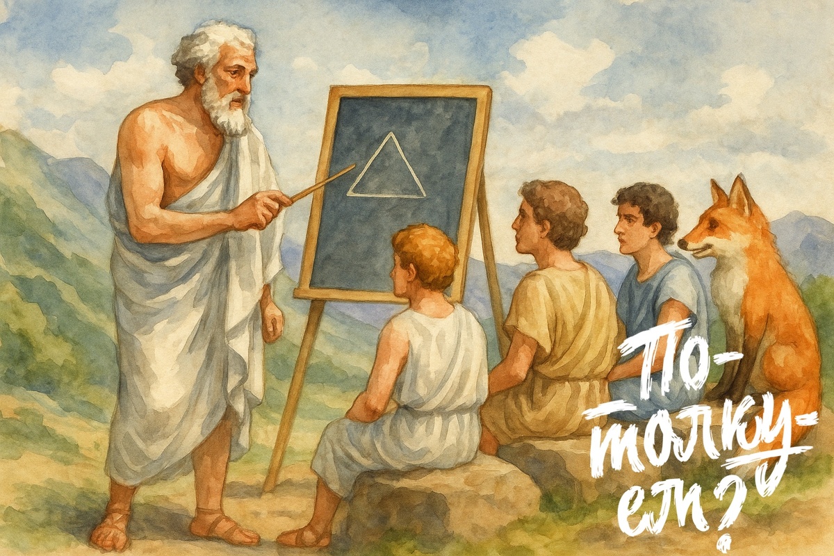 Древний грек-учитель у доски обучает учеников на вершине горы.