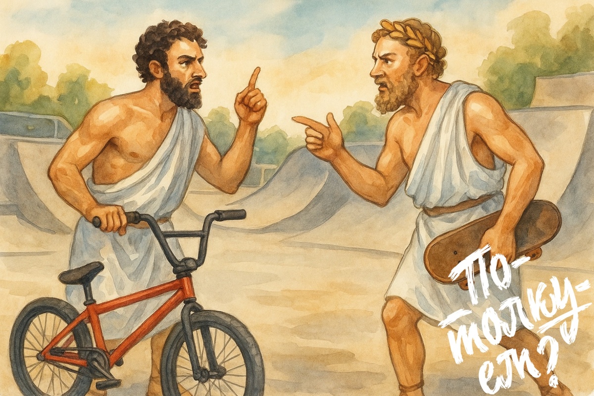 Два древних грека спорят в скейт-парке с BMX и скейтбордом.