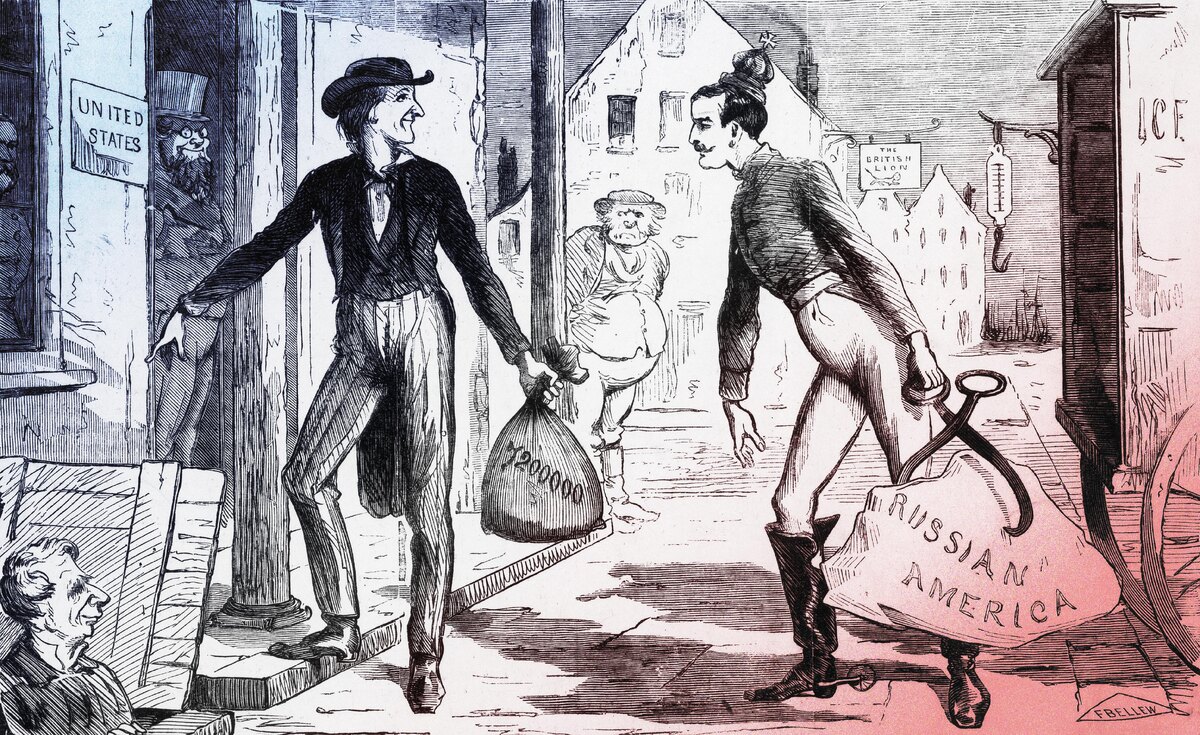 , фото: Getty Images📷Политическая карикатура Фрэнка Беллью, высмеивающая покупку Аляски Соединенными Штатами у России в 1867 году. В те годы Аляску называли Русской Америкой