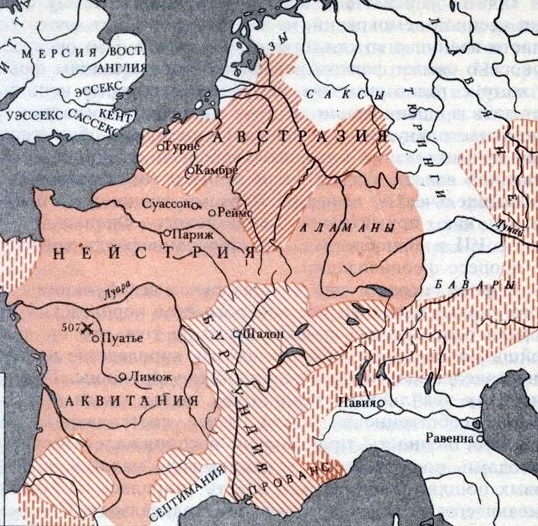 Основная заварушка шла в Нейстрии и Австразии, все - включая алеманов и Бургундию жили самостоятельно пользуясь ослаблением королевской власти и гражданской войной магнатов