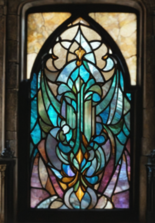 Витраж, вдохновленный Ктулху, чтобы пускаться в сомнамбулические изыскания при лунном свете, проникающем сквозь его гладь.