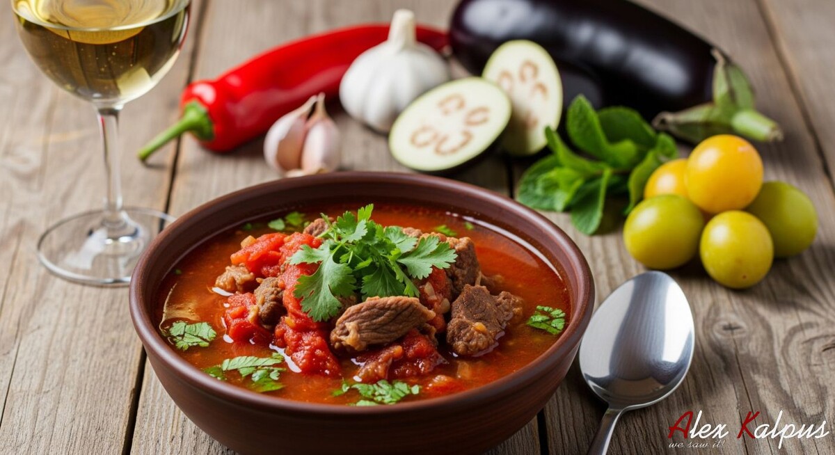 На фото Буглама, с малоуваренным бульоном из белого вина. Буглама (ბუღლამა) - блюдо с многовековой историей, упоминаемое в трудах грузинских этнографов и кулинаров, отражает принцип "мясо в собственном соку" - тушение без лишней воды с упором на свежесть продуктов.