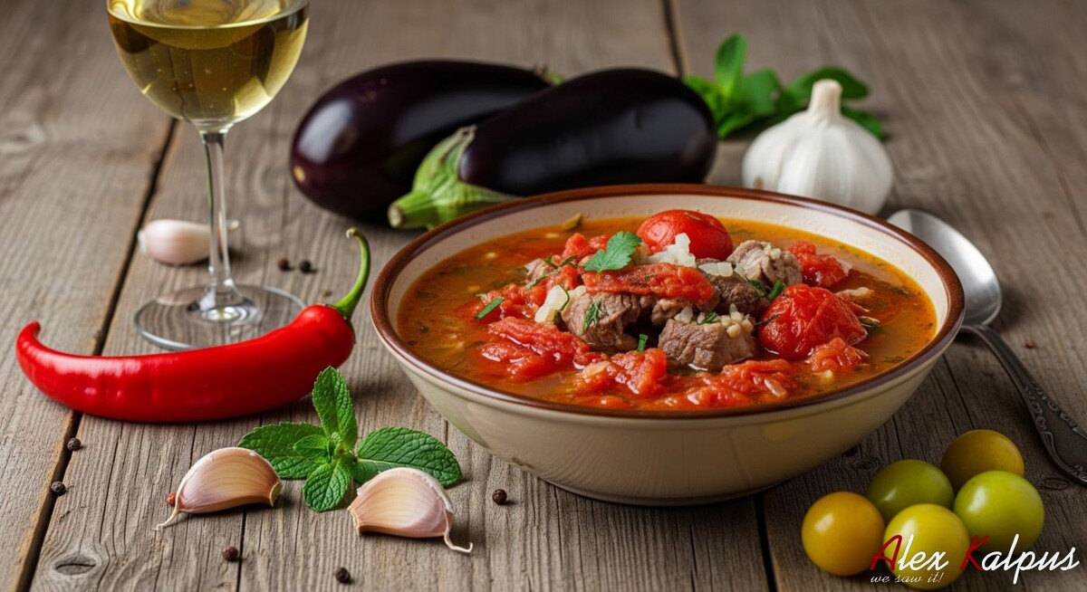 На фото Буглама, с малоуваренным бульоном из белого вина. Буглама (ბუღლამა) - блюдо с многовековой историей, упоминаемое в трудах грузинских этнографов и кулинаров, отражает принцип "мясо в собственном соку" - тушение без лишней воды с упором на свежесть продуктов.