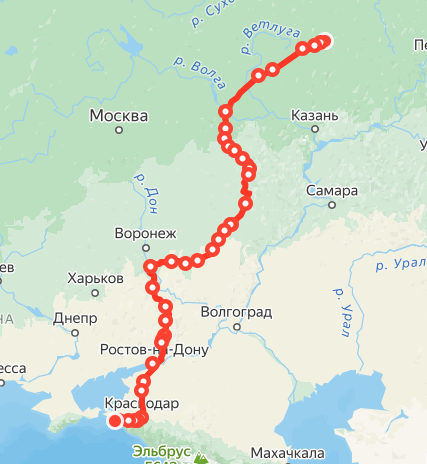 Маршрут поезда в сторону Анапы