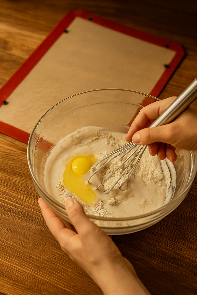 Смешиваем кефир, яйцо, муку, соль и соду — тесто готово за пару минут.