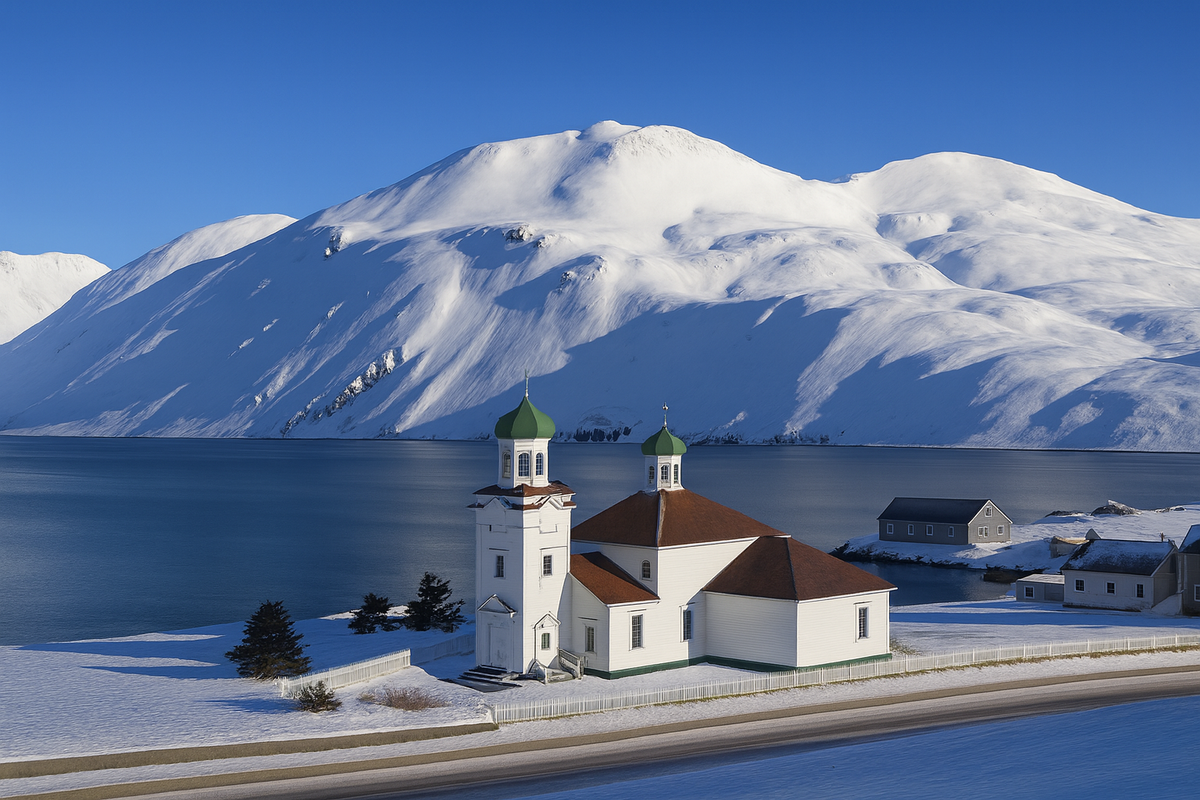 Визуализация церкви Вознесения Господня в городе Уналашка. Входит в список национальных исторических памятников Аляски