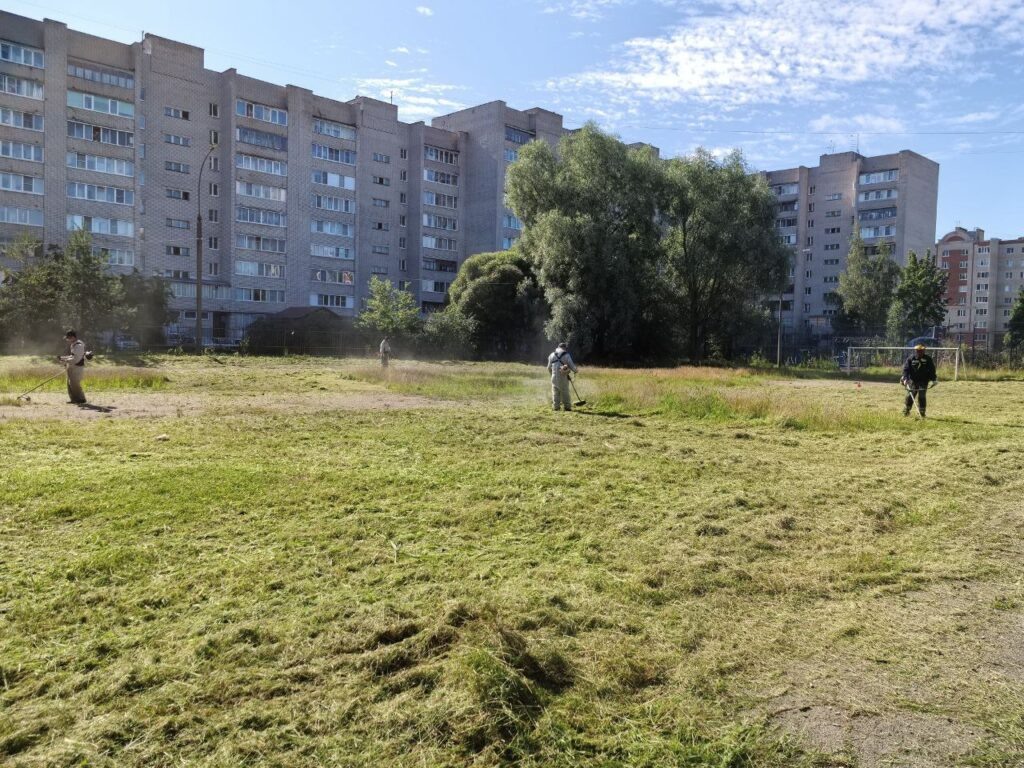 Большое поле у школы № 31 приходится косить минимум вчетвером.