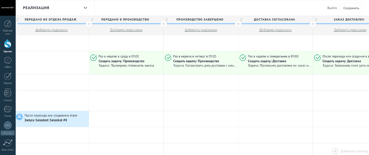 Скрины из настроенной amoCRM: воронка реализации