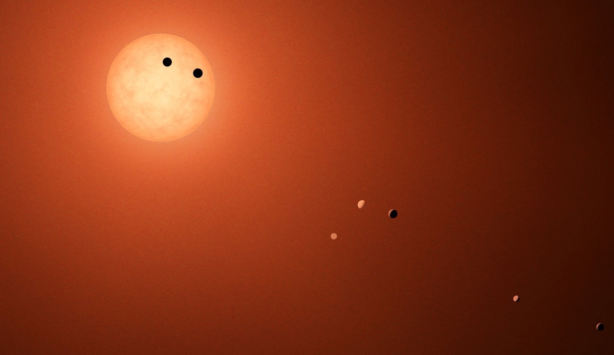 Представление художника о звёздной системе TRAPPIST-1. Источник: NASA/JPL-Caltech/R. Hurt (IPAC)