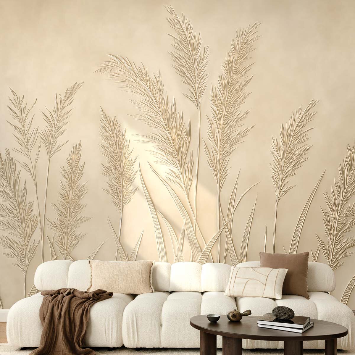 Пример интерьера с подушками и пледом. Отделка стен - флизелиновые фотообои VEROL. Артикул на WB: 454592428.