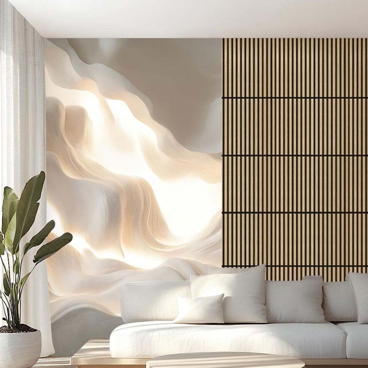 Пример интерьера с живым растением в кашпо Отделка стен - флизелиновые фотообои и акустические панели VEROL. Артикул на WB: 311014917.