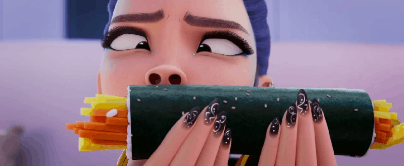 Кимбап в «Кей-поп-охотницах на демонов» — не просто еда, а символ дружбы и весёлых моментов! 🥢 Яркий ролл из риса и нори объединяет героинь в перерывах между сражениями и концертами. А одна сцена с ним стала настоящим мемом: главная героиня вдыхает аромат целого ролла, закатывает глаза от удовольствия… и отправляет его в рот целиком! 🍙✨

