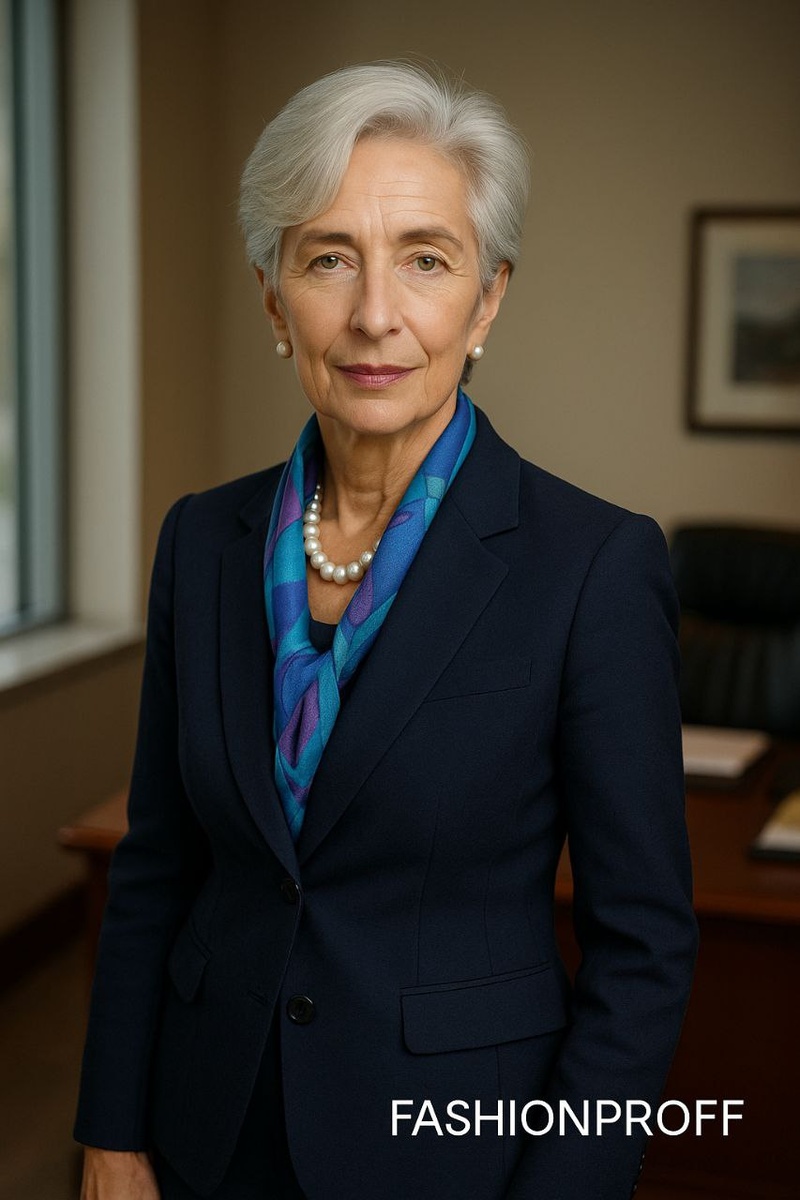 Фирменный штрих Кристин Лагард - шарф и жемчужное ожерелье.