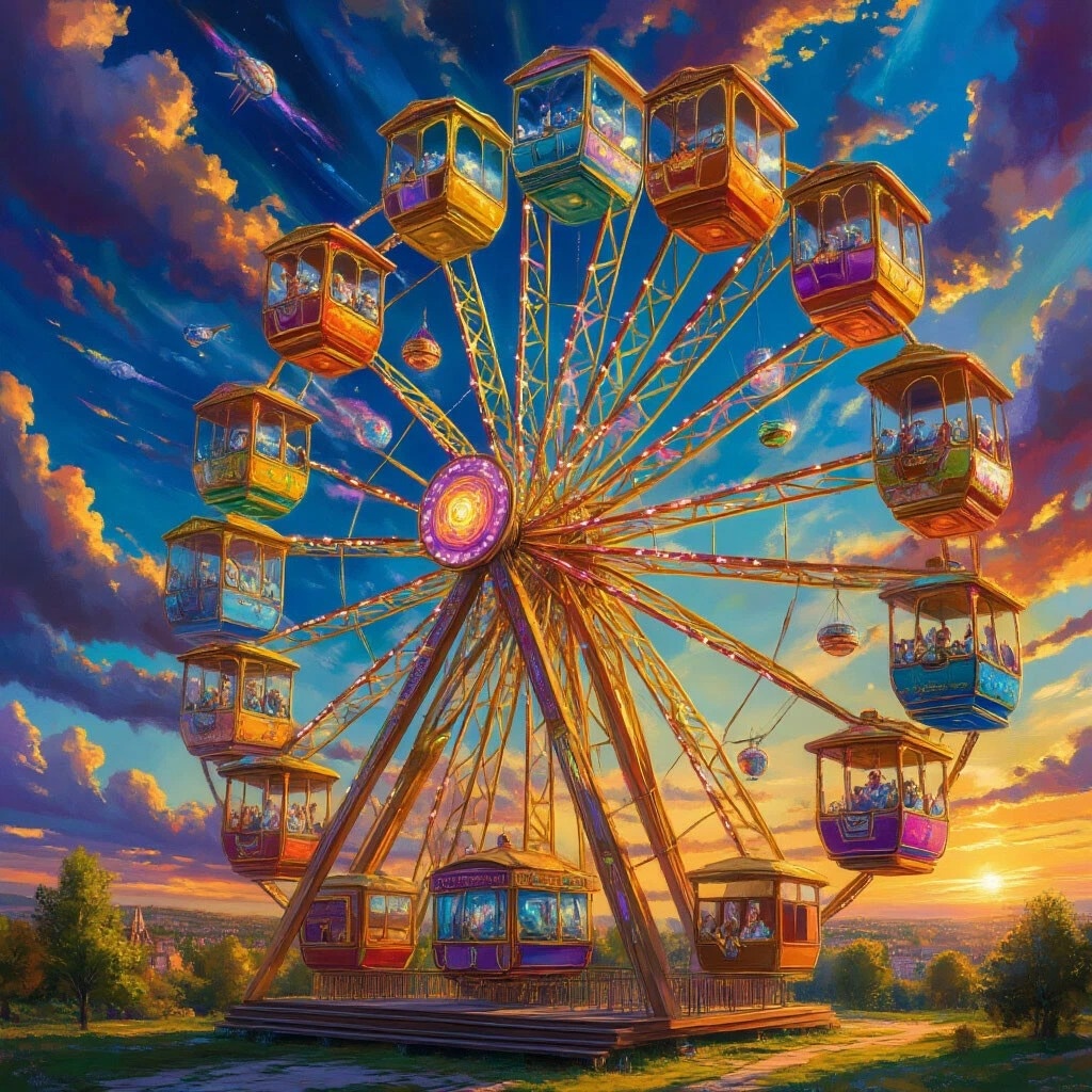 Колесо жизни. Колесо – это метафора цикличности жизни. Разнообразие элементов и цветов в каждой кабинке показывает уникальность каждого периода. Постоянное движение символизирует непрерывный рост и развитие.