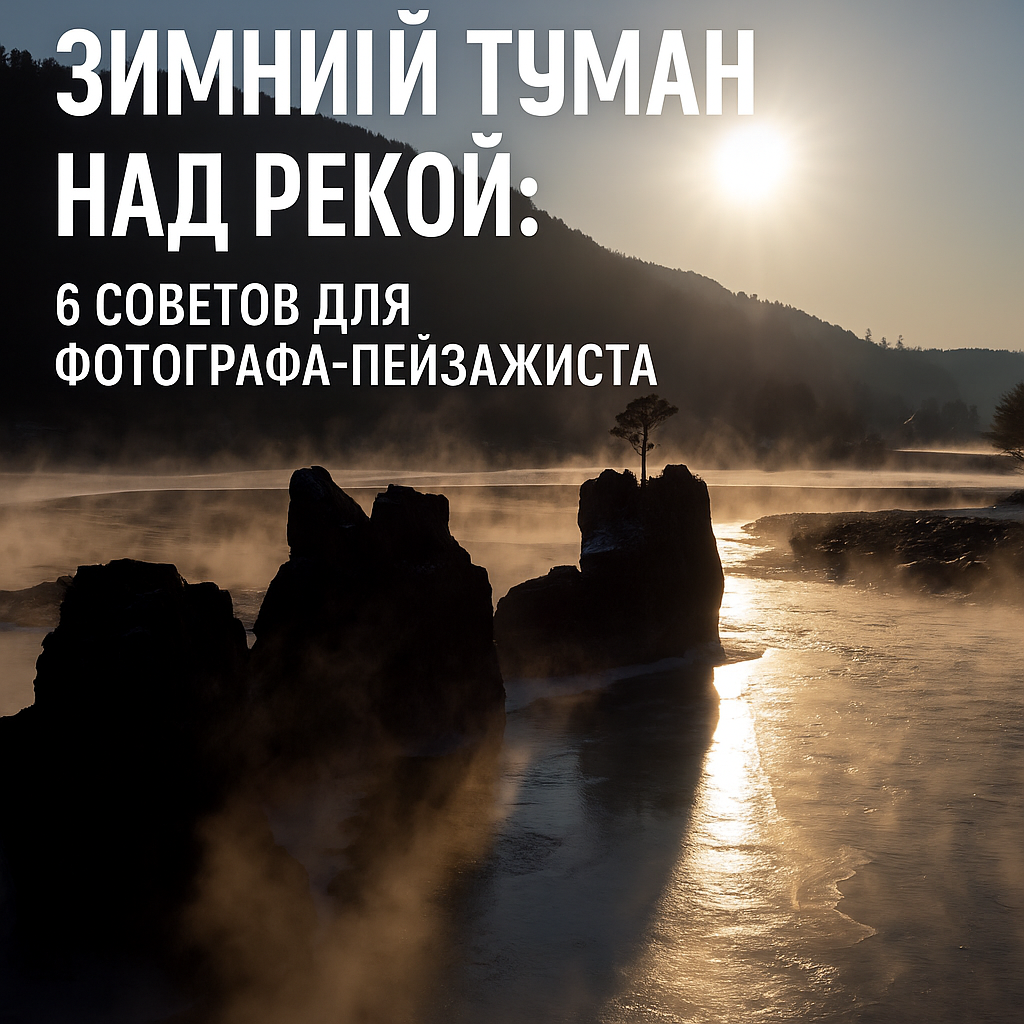 💡 На фото: утренний морозный пар над замерзшей рекой, температура воздуха около –20°C. Солнце только поднялось над горизонтом, создавая золотое сияние на поверхности воды.